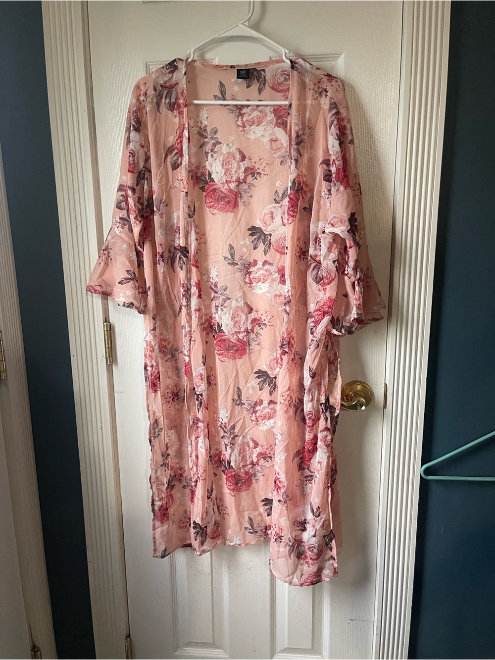 Lildy sheer pink floral tie front kimono size l-xl